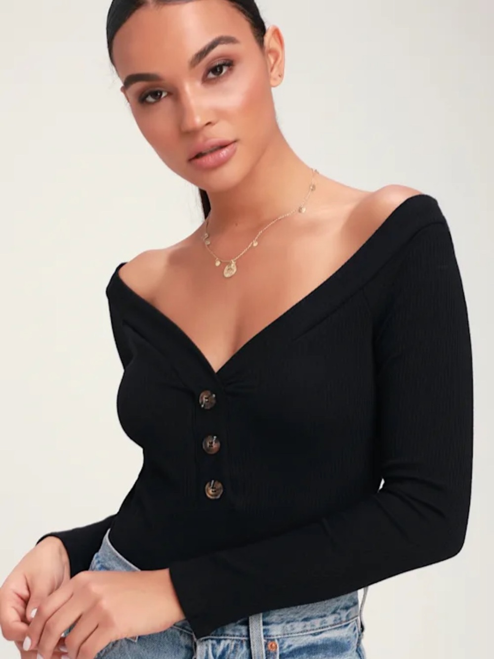 Lulus Lilyth Black Ribbed Long Sleeve Off-the-shoulder Bodysuit - Size M